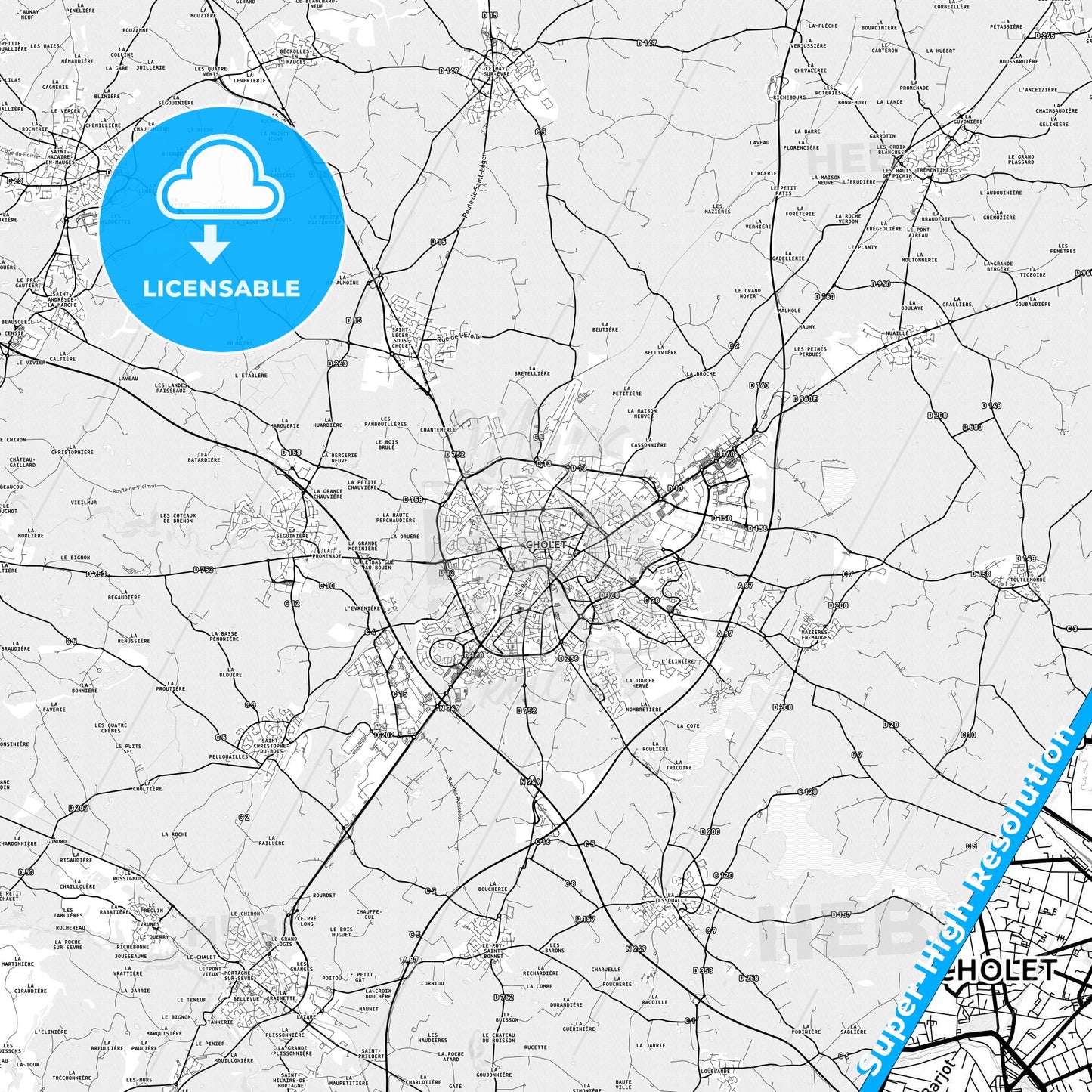 Cholet, France light map with streetnames, citynames and districts
