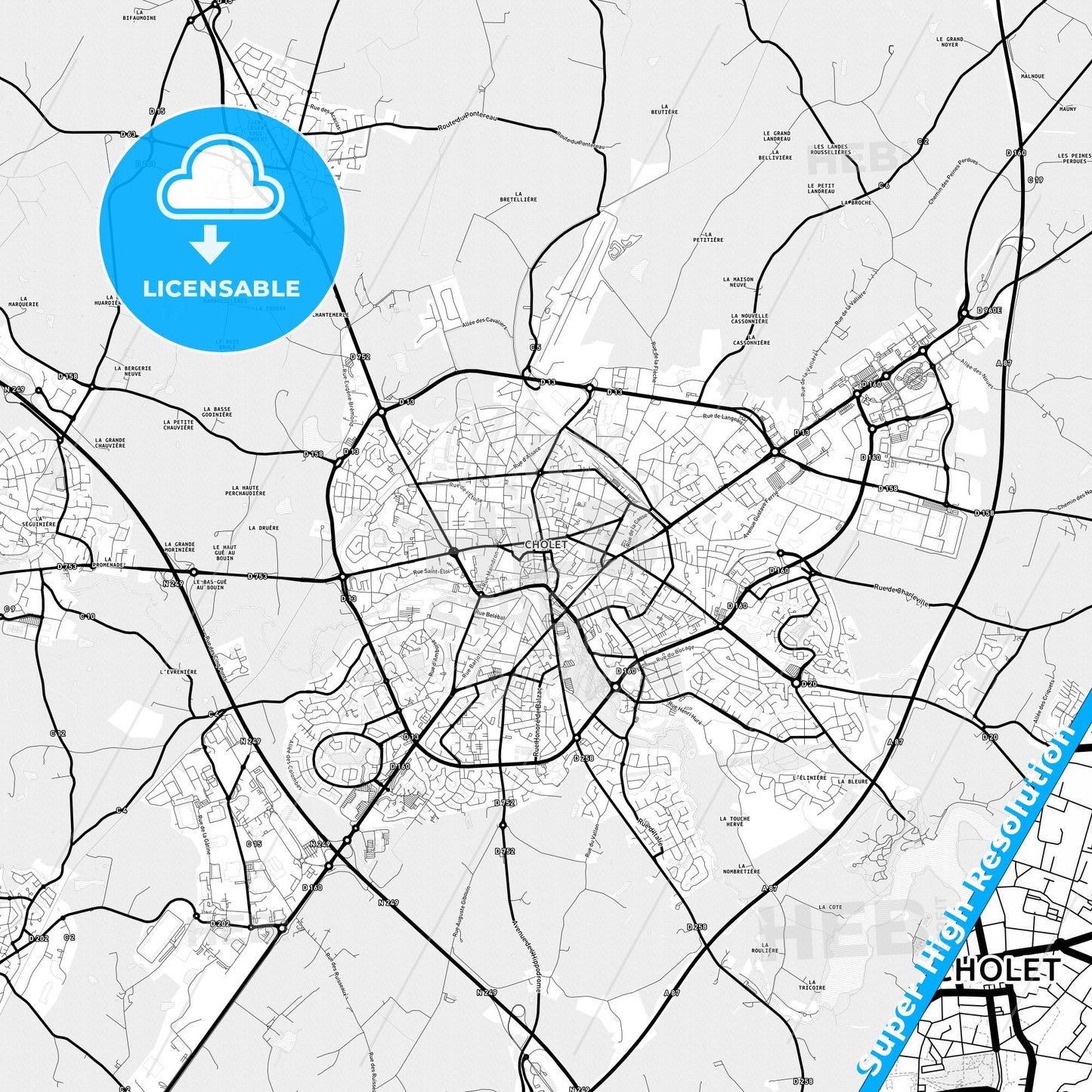 Cholet, France Light Map with Street Names, City Names, and Districts