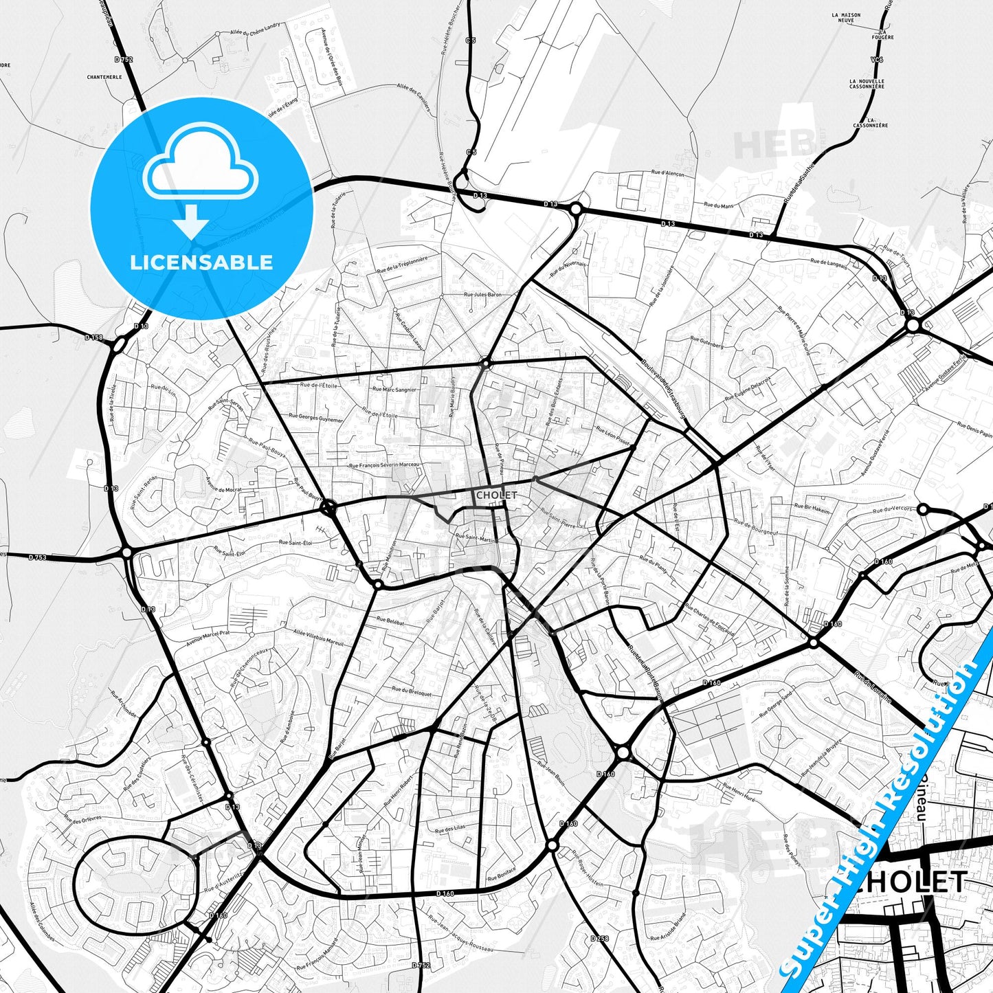 Cholet, France Light Map with Street Names, City Names, and Districts