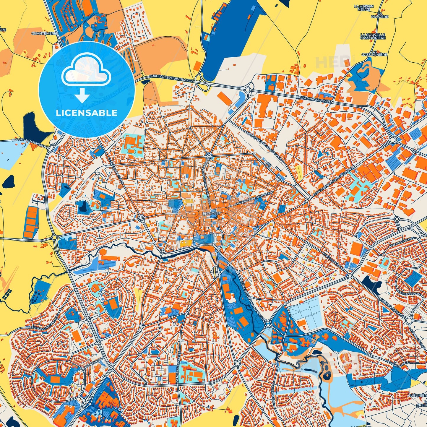 Colorful Cholet Street Map with Labels and Buildings