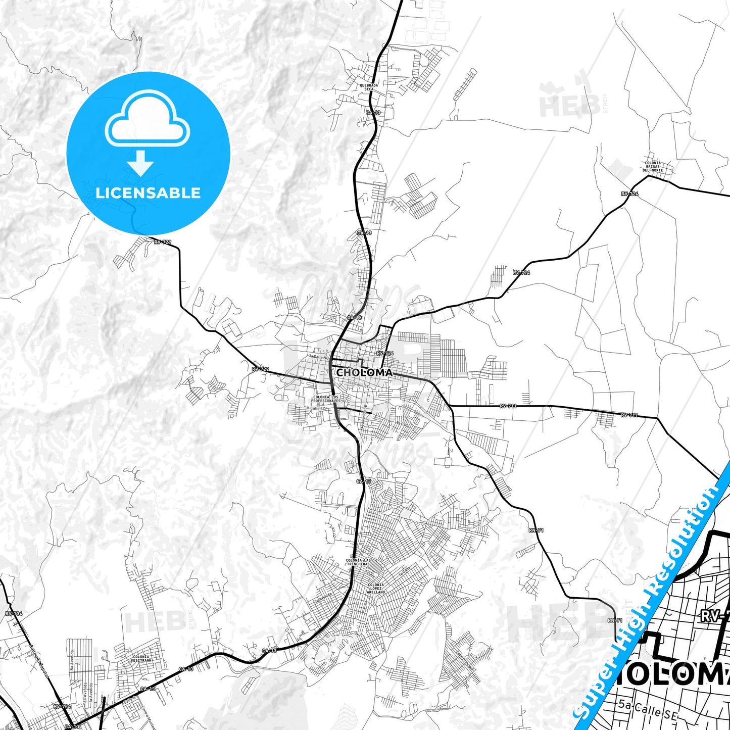 Choloma, Honduras Light Map with Street Names, City Names, and Districts