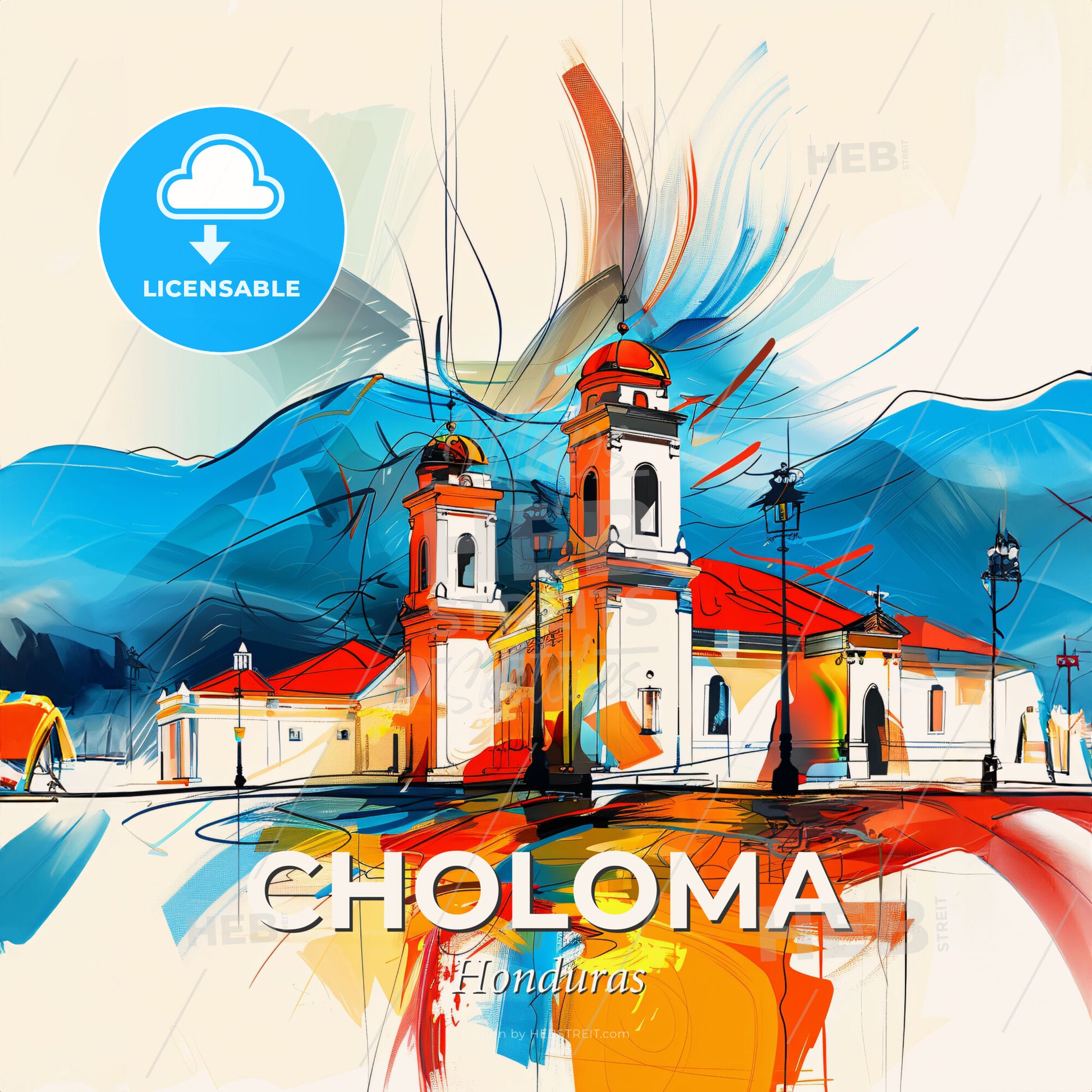 Vibrant Choloma, Honduras - A Painting Of A Building With A Red Roof - Square format print template