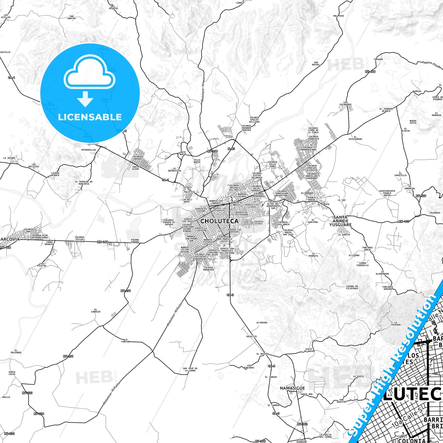 Choluteca, Honduras light map with streetnames, citynames and districts