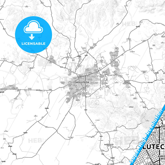 Choluteca, Honduras light map with streetnames, citynames and districts