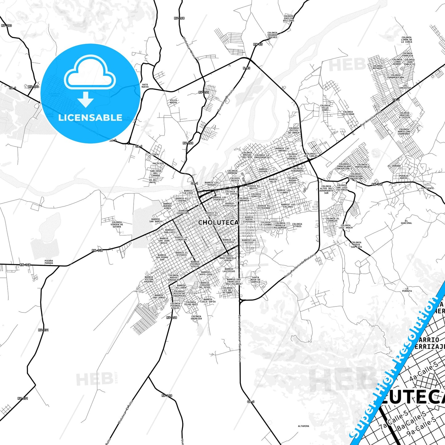 Choluteca, Honduras Light Map with Street Names, City Names, and Districts