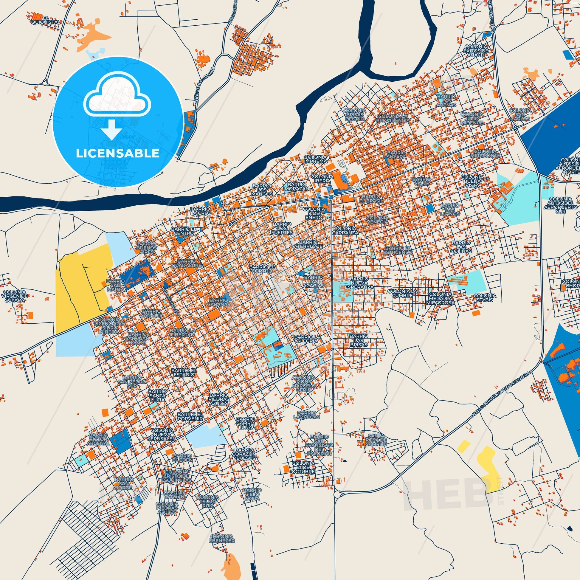 Colorful Choluteca Street Map with Labels and Buildings