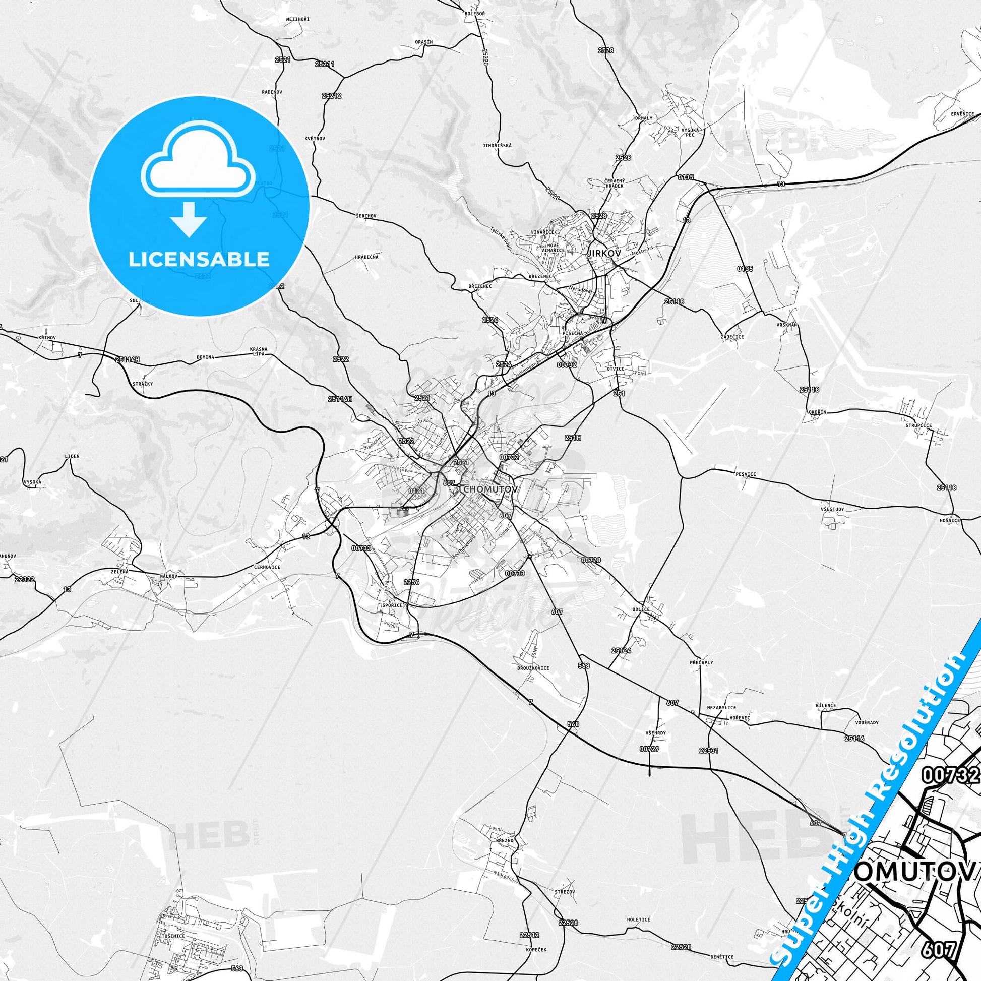 Chomutov, Czechia light map with streetnames, citynames and districts