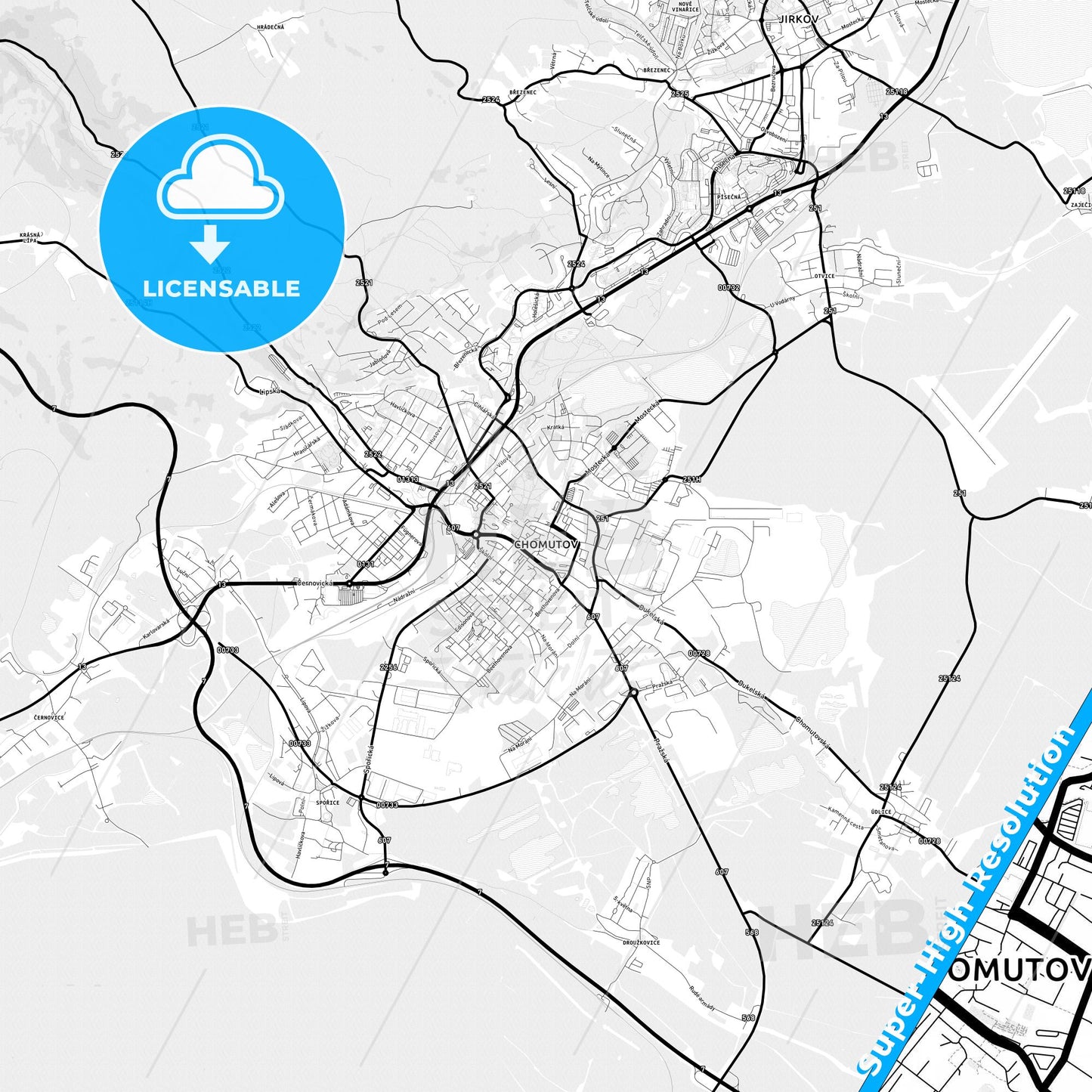 Chomutov, Czechia Light Map with Street Names, City Names, and Districts