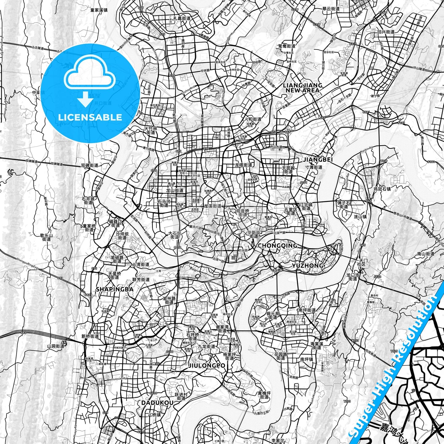 Chongqing, China light map with streetnames, citynames and districts