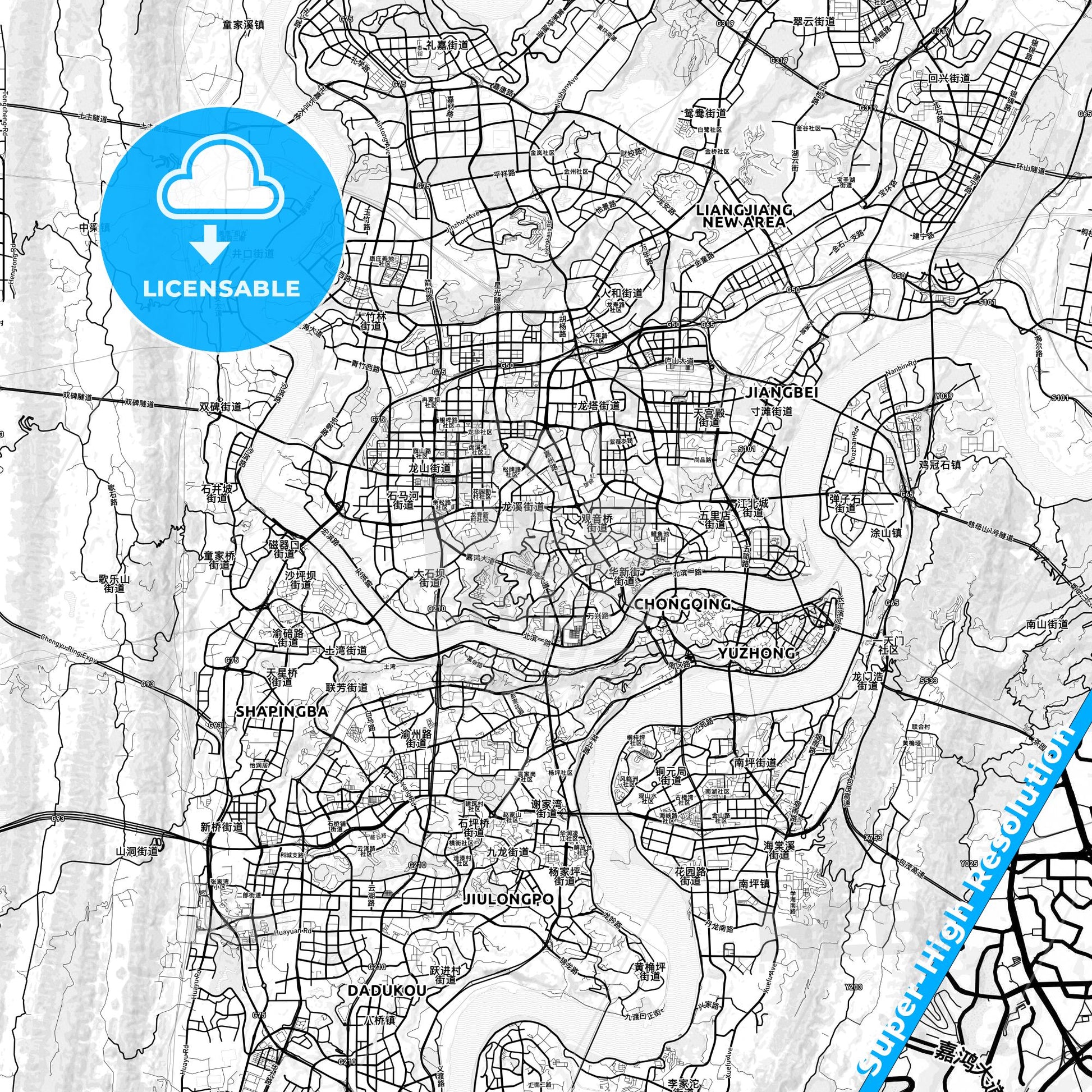 Chongqing, China light map with streetnames, citynames and districts