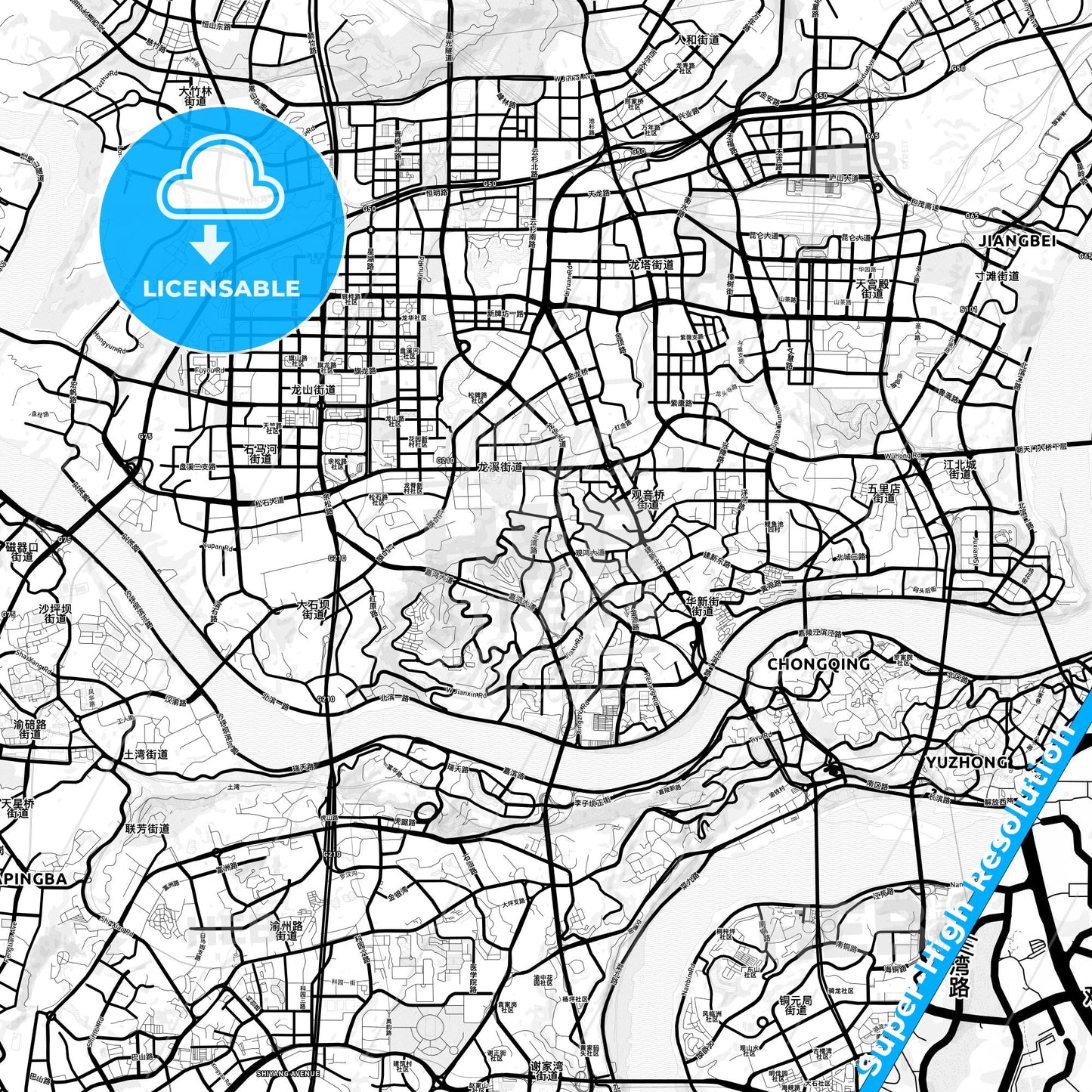 Chongqing, China Light Map with Street Names, City Names, and Districts