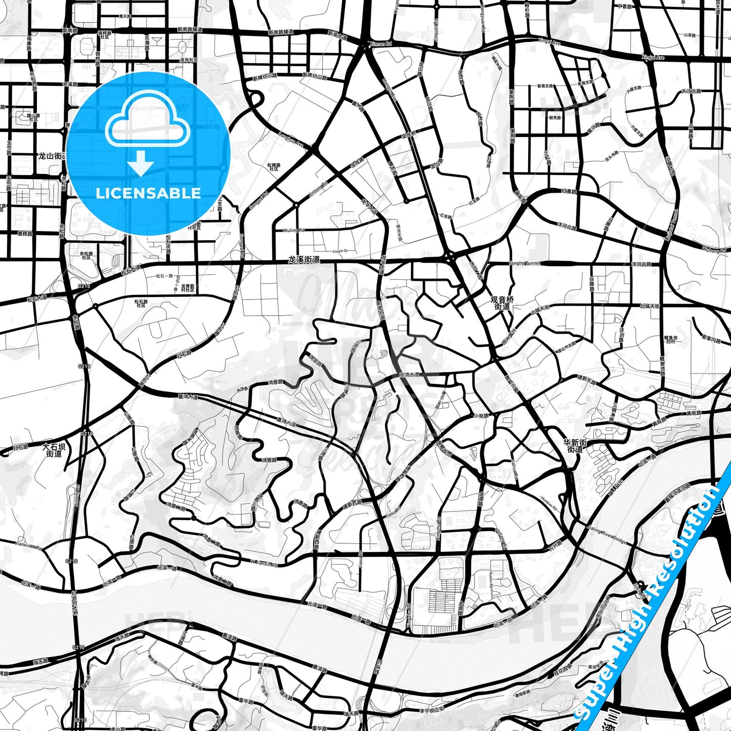 Chongqing, China Light Map with Street Names, City Names, and Districts