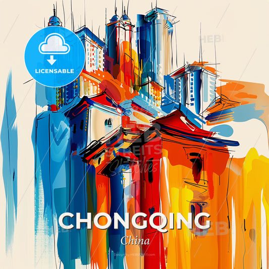 Vibrant Chongqing, China - A Painting Of Buildings And Towers - Square format print template