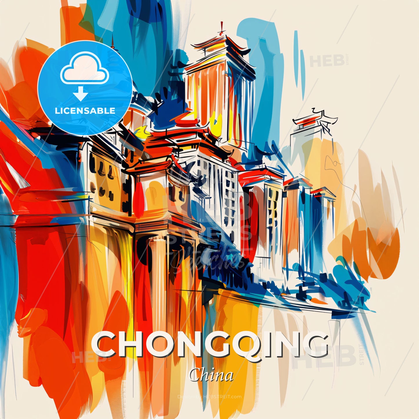 Vibrant Chongqing, China - A Colorful Painting Of A Building - Square format print template
