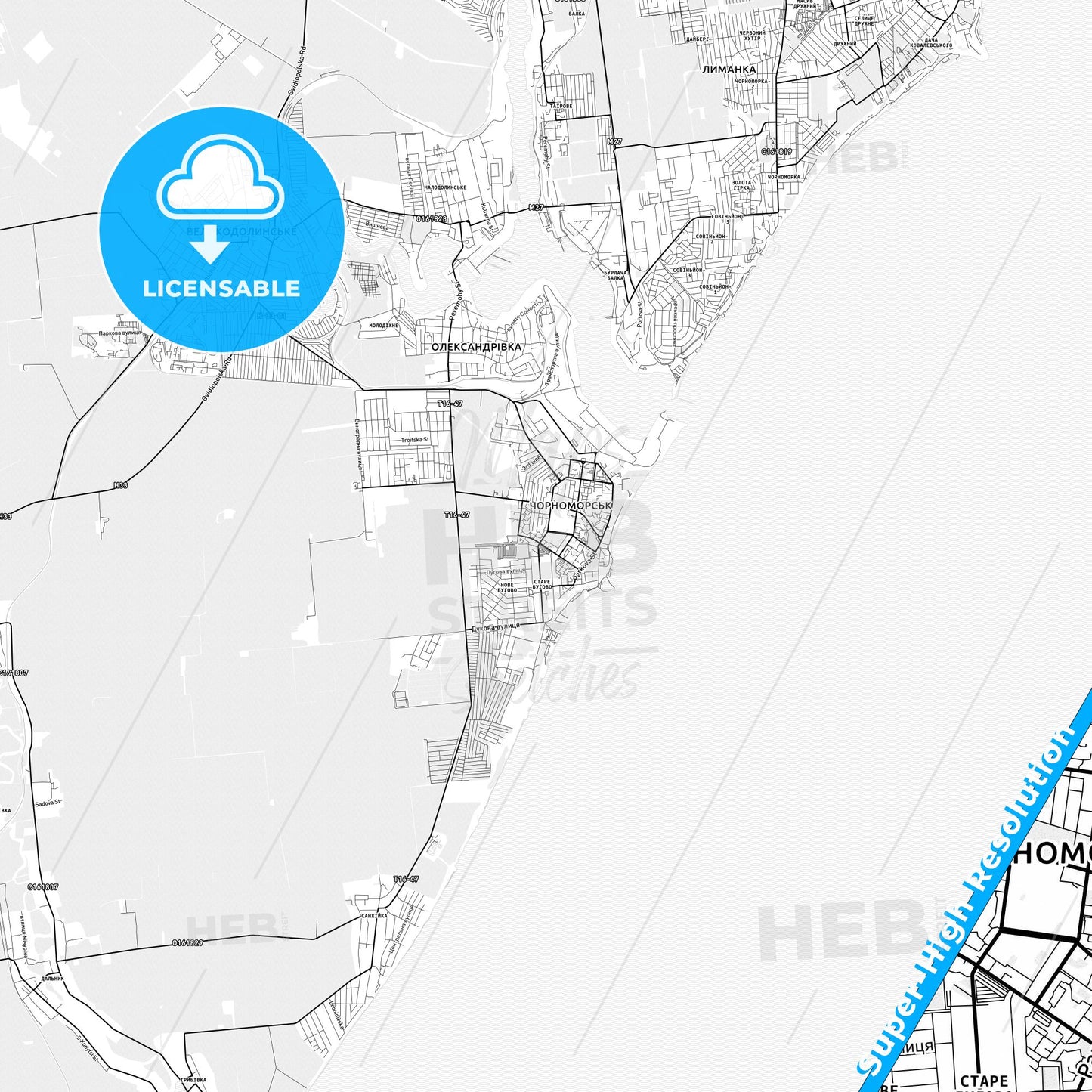 Chornomorsk, Ukraine light map with streetnames, citynames and districts
