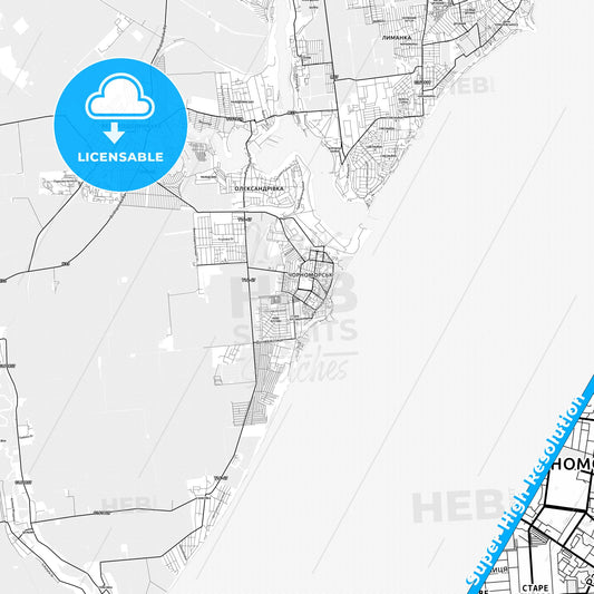Chornomorsk, Ukraine light map with streetnames, citynames and districts