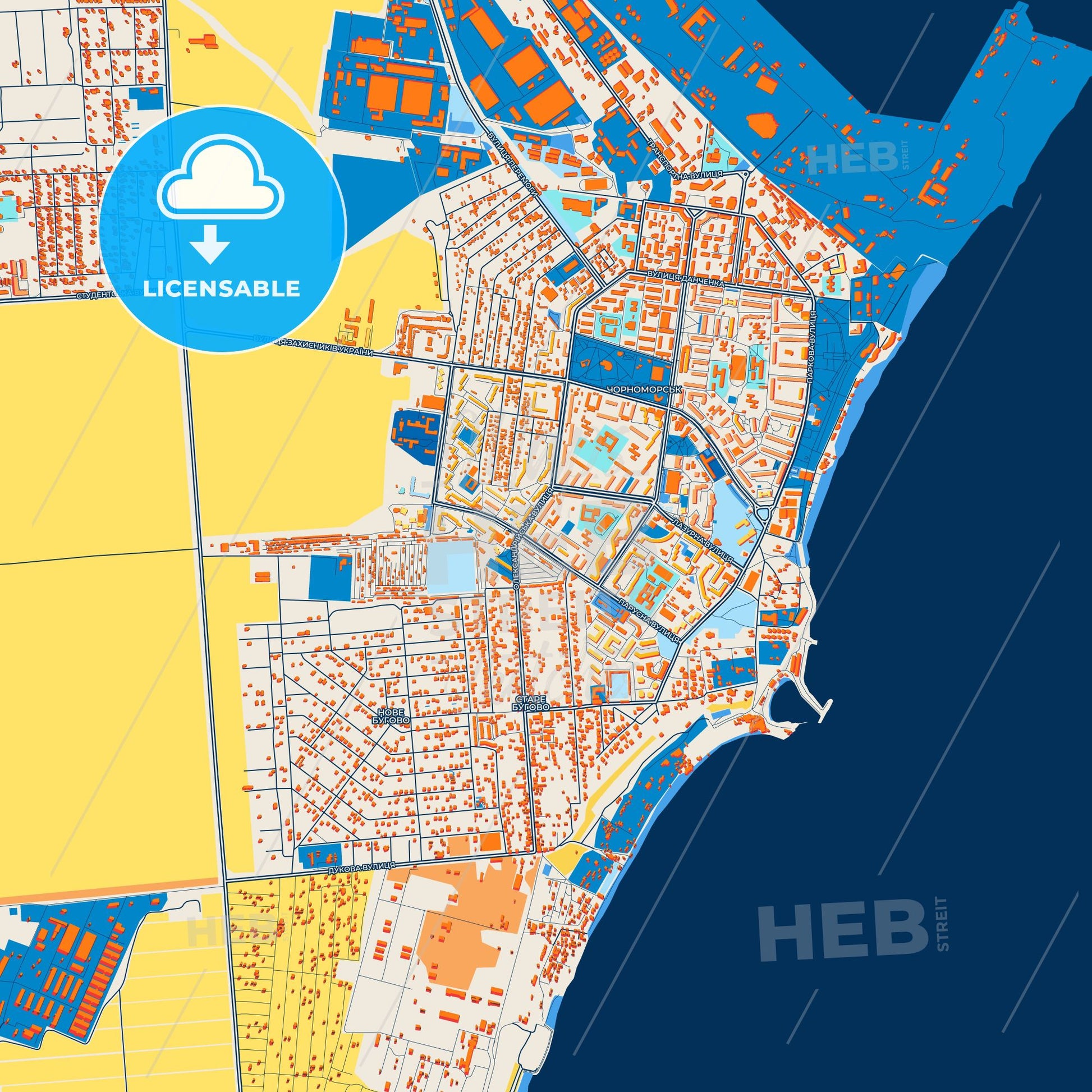 Colorful Chornomorsk Street Map with Labels and Buildings