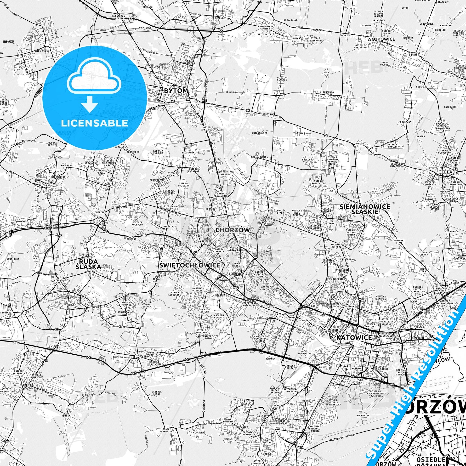 Chorzów, Poland light map with streetnames, citynames and districts