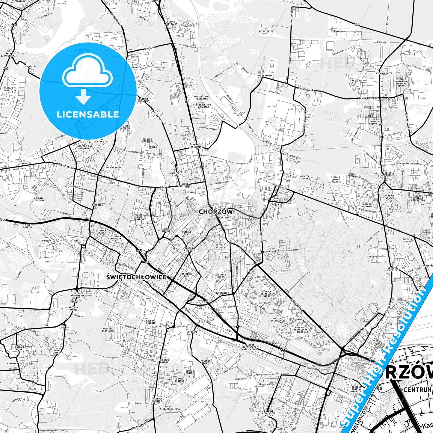 Chorzów, Poland Light Map with Street Names, City Names, and Districts
