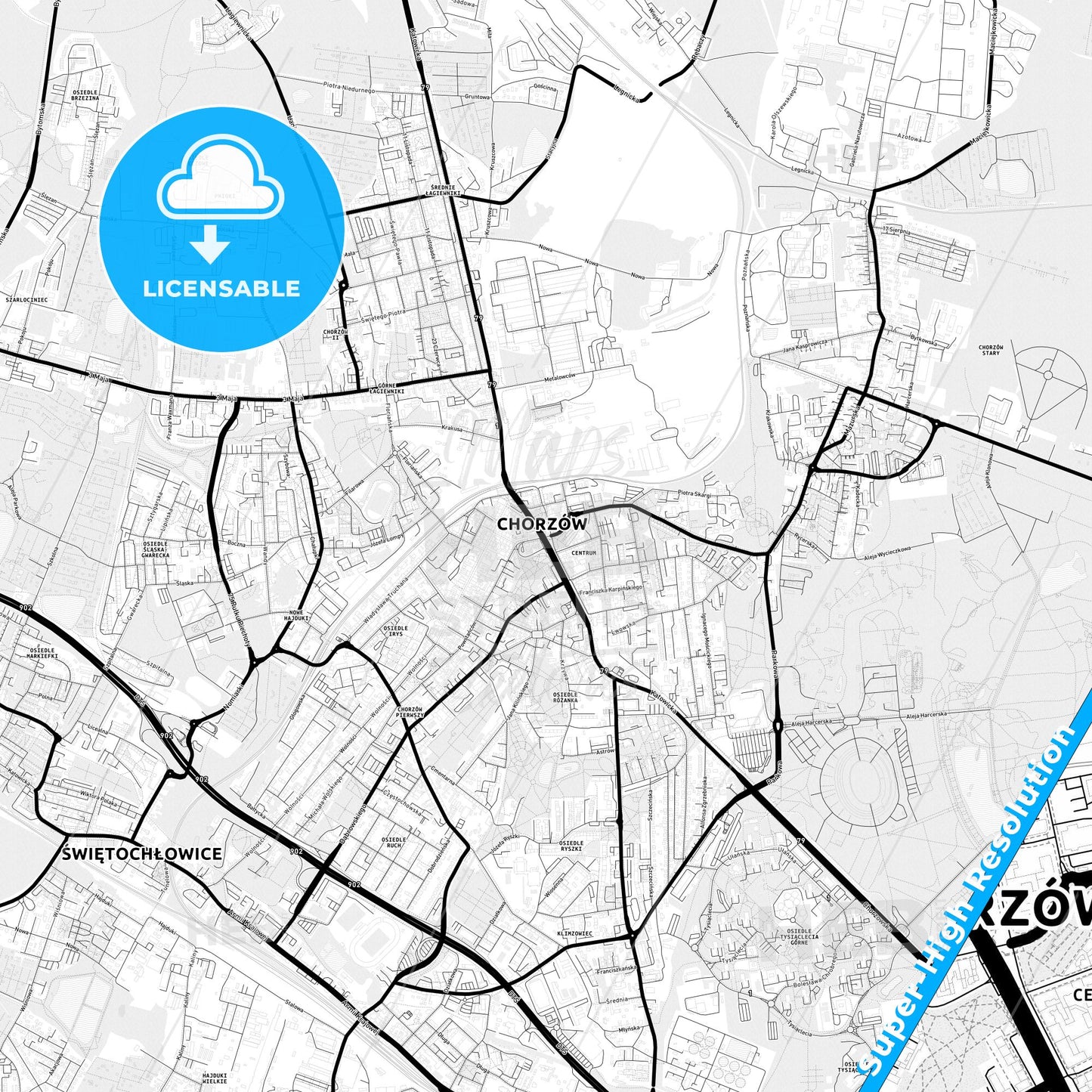 Chorzów, Poland Light Map with Street Names, City Names, and Districts