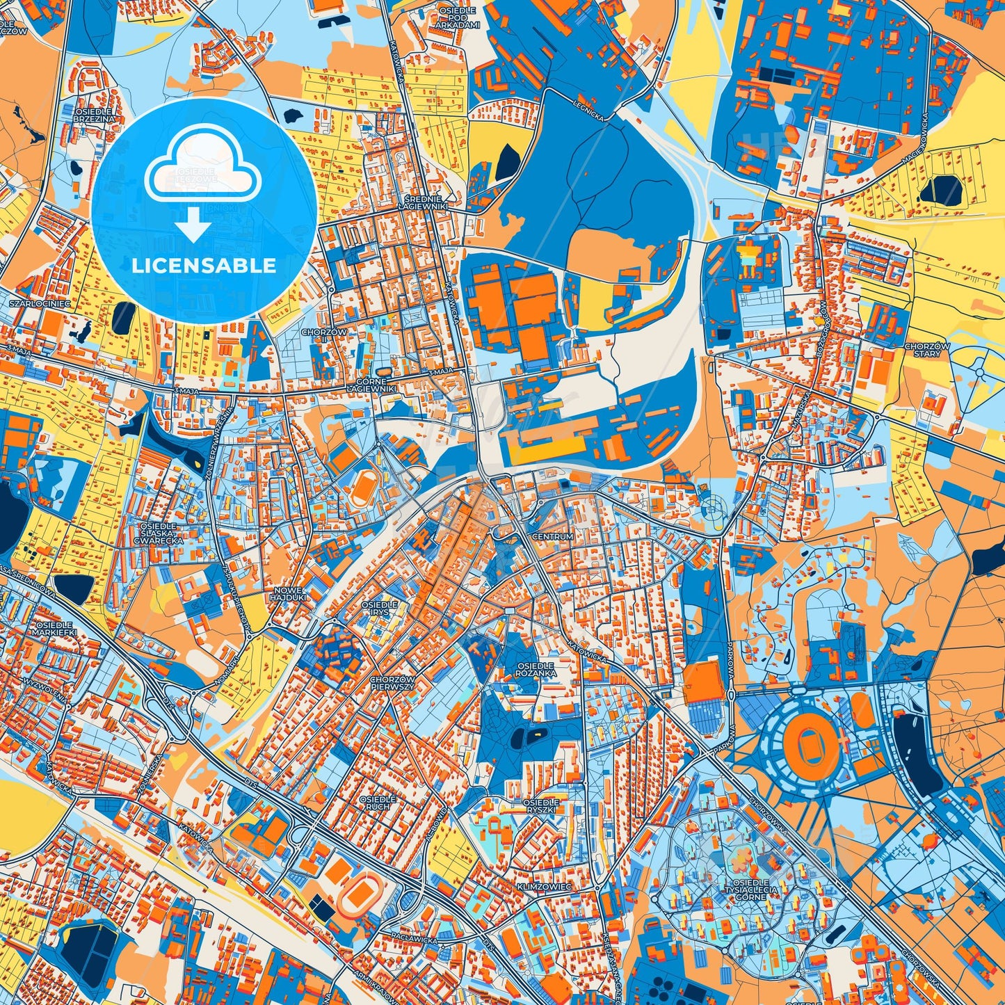 Colorful Chorzów Street Map with Labels and Buildings