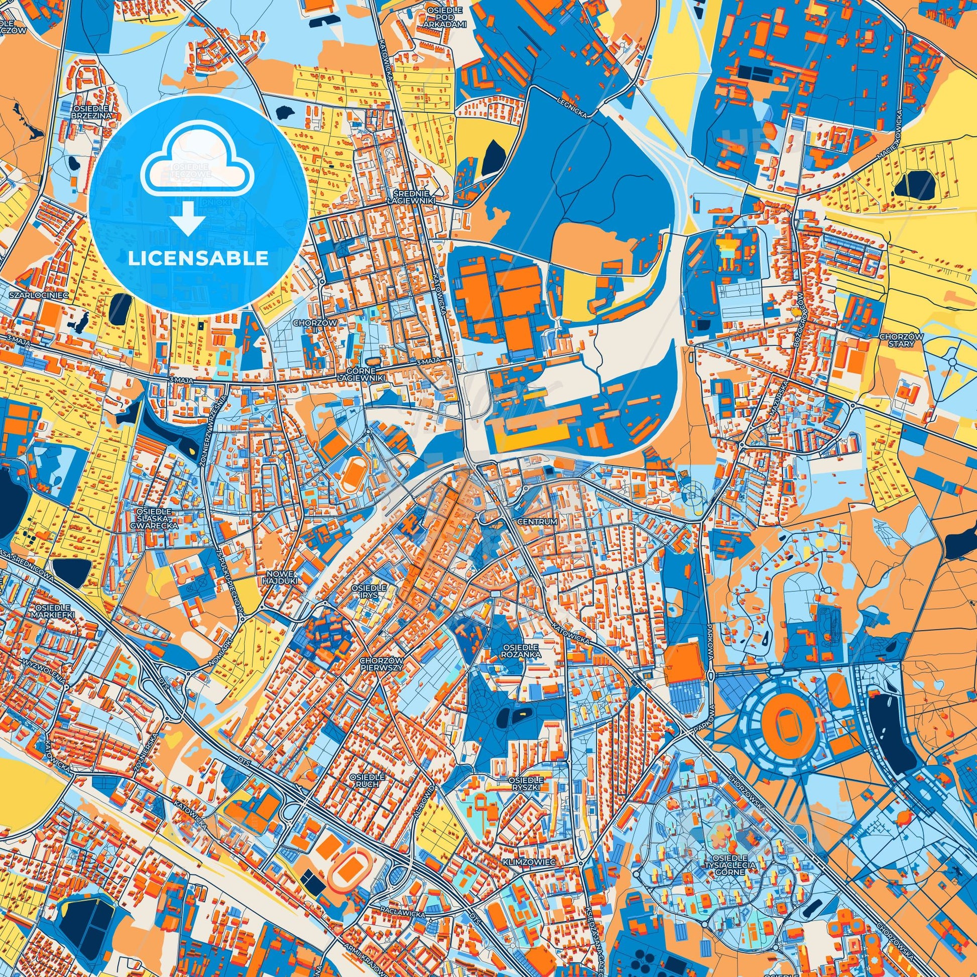 Colorful Chorzów Street Map with Labels and Buildings