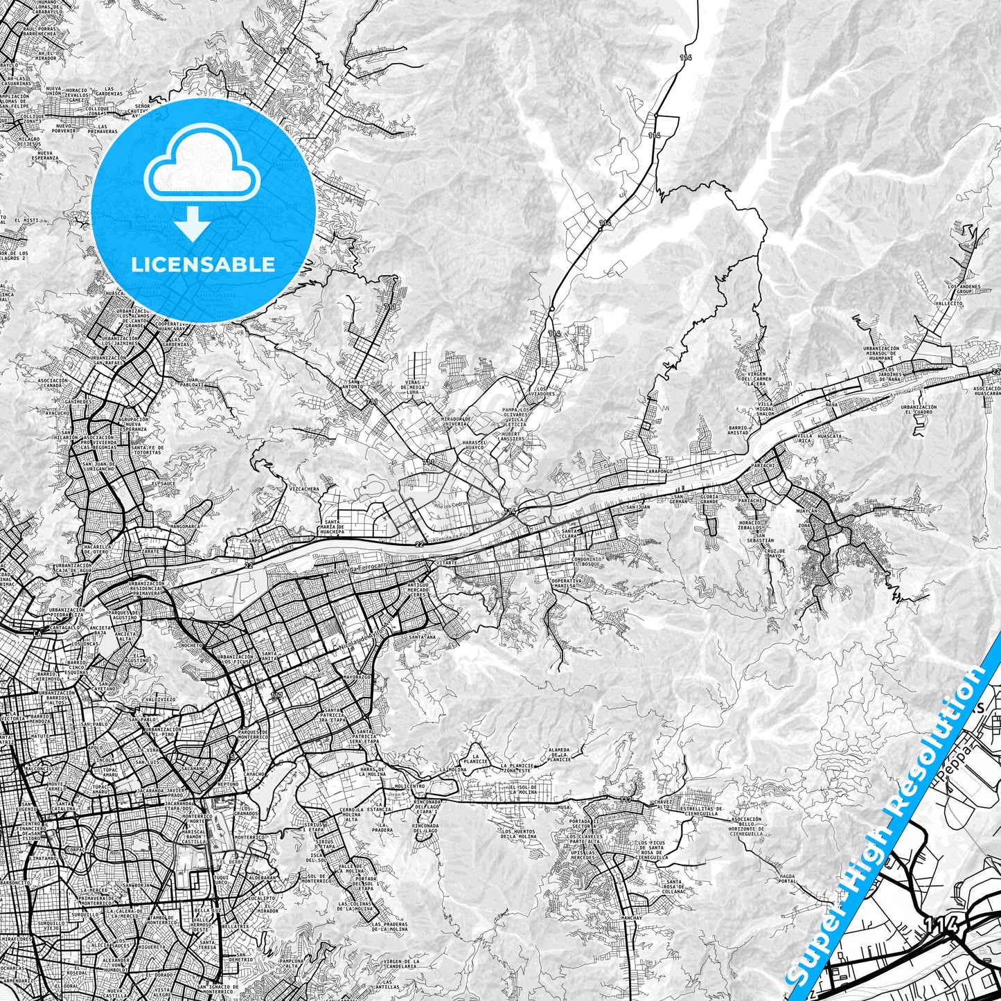 Chosica, Peru light map with streetnames, citynames and districts