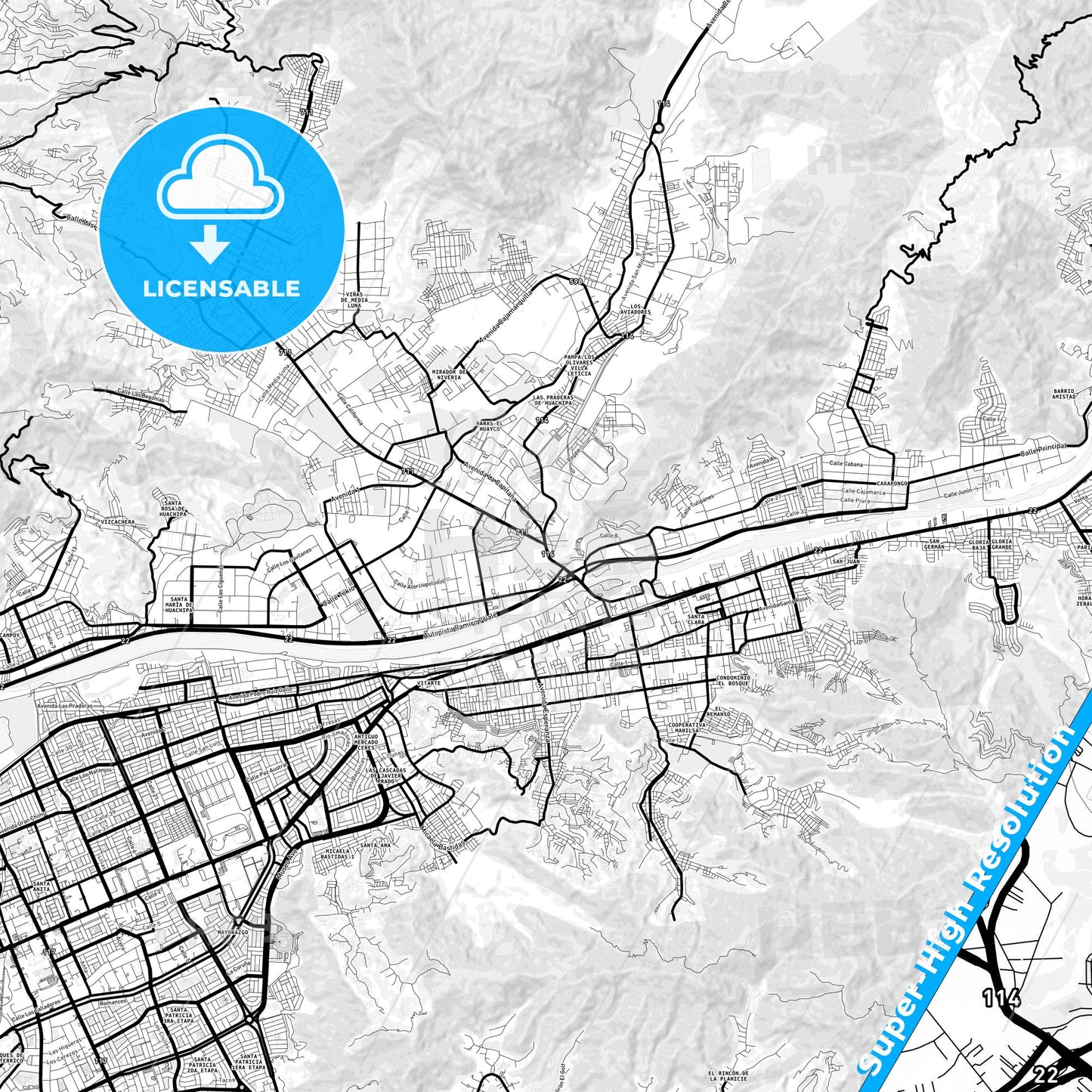 Chosica, Peru Light Map with Street Names, City Names, and Districts