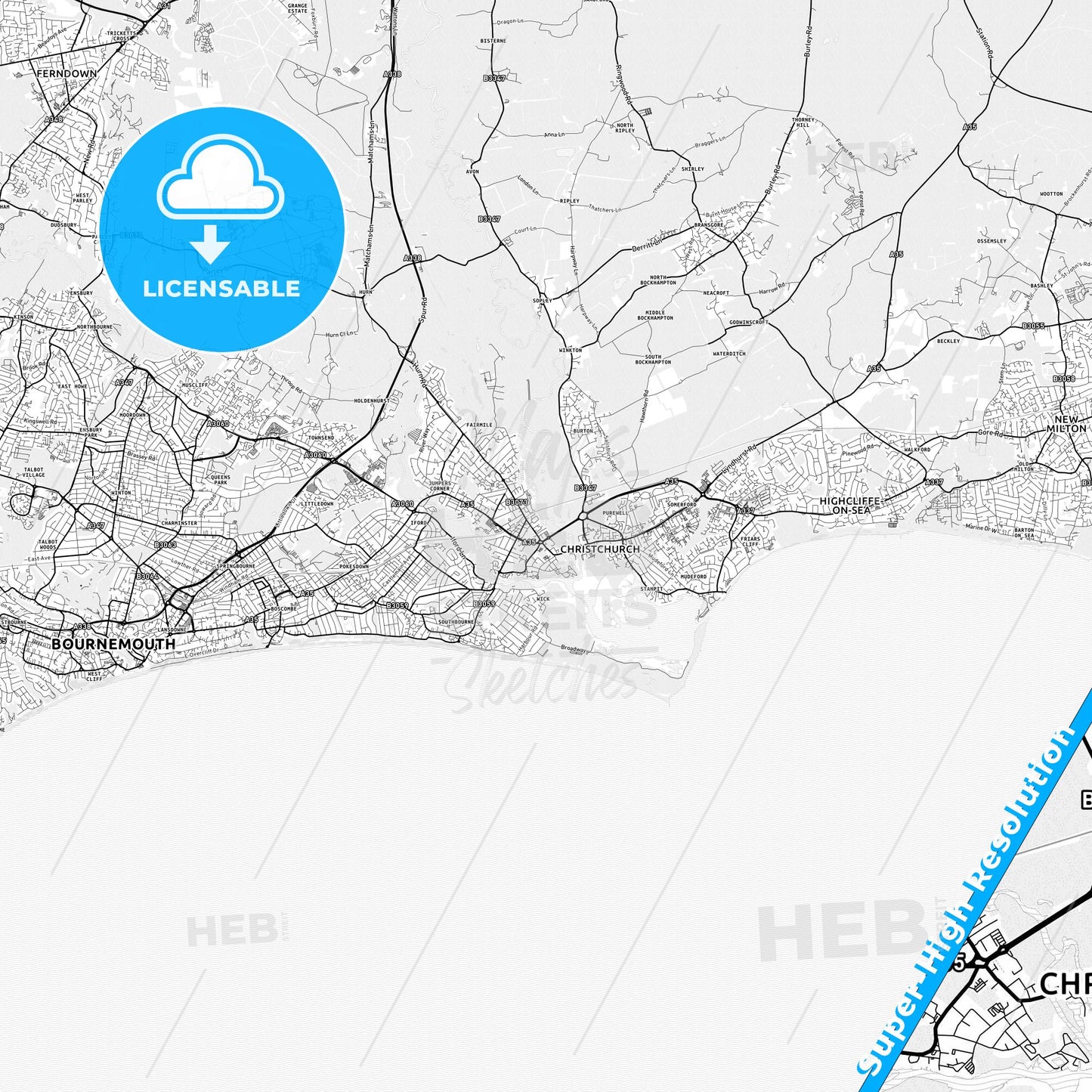 Christchurch, England light map with streetnames, citynames and districts