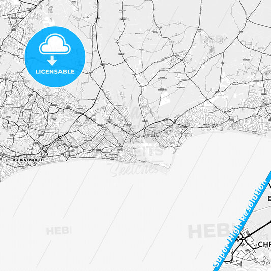 Christchurch, England light map with streetnames, citynames and districts