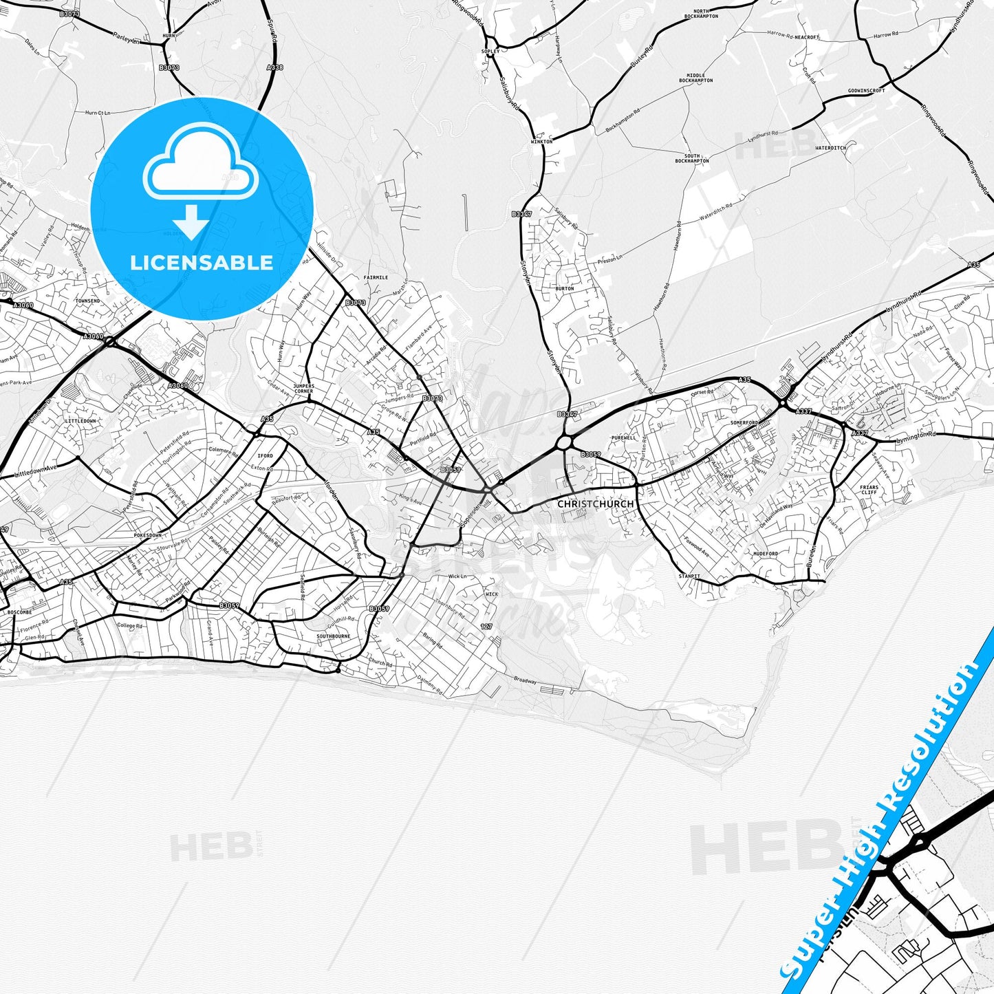 Christchurch, England Light Map with Street Names, City Names, and Districts