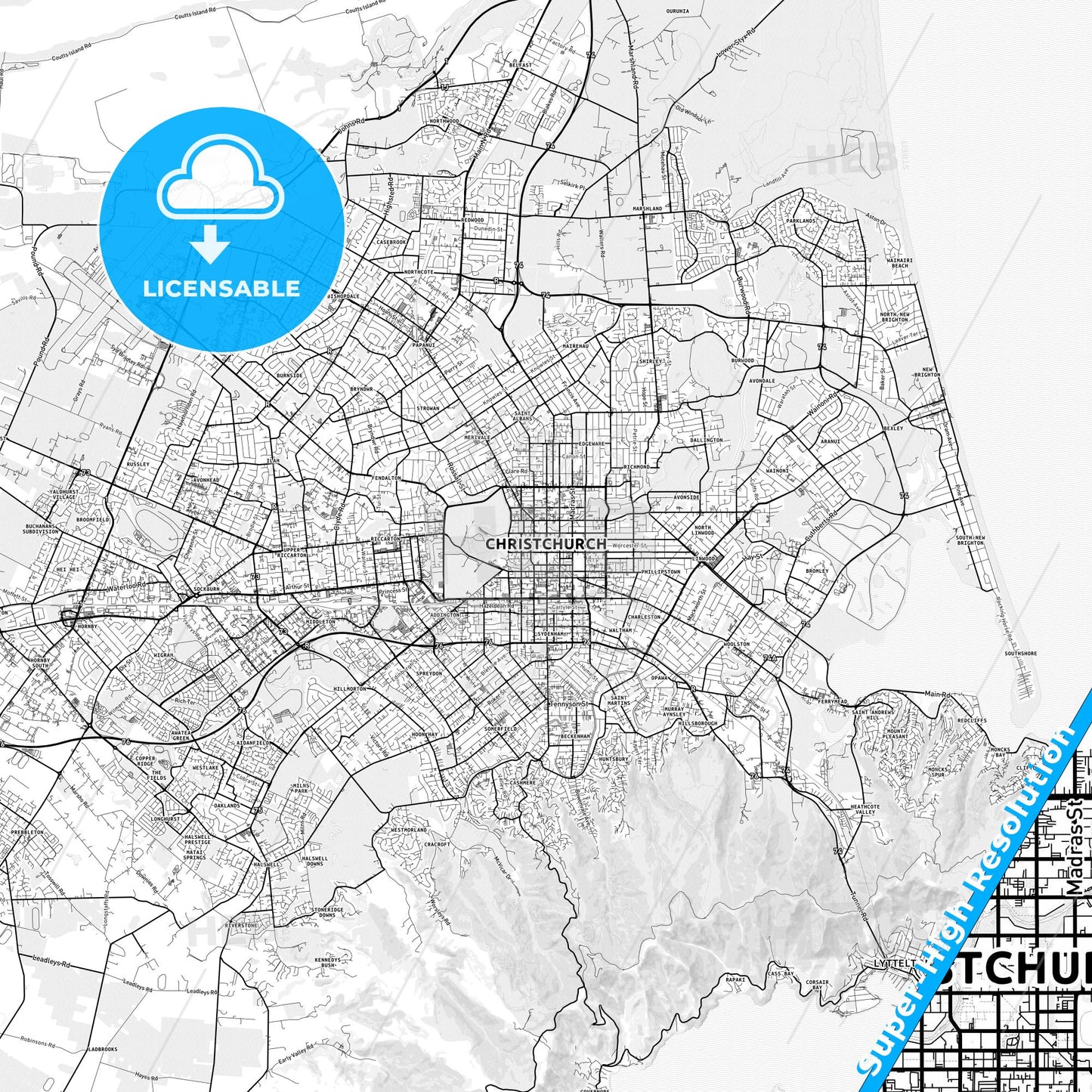 Christchurch, New Zealand light map with streetnames, citynames and districts
