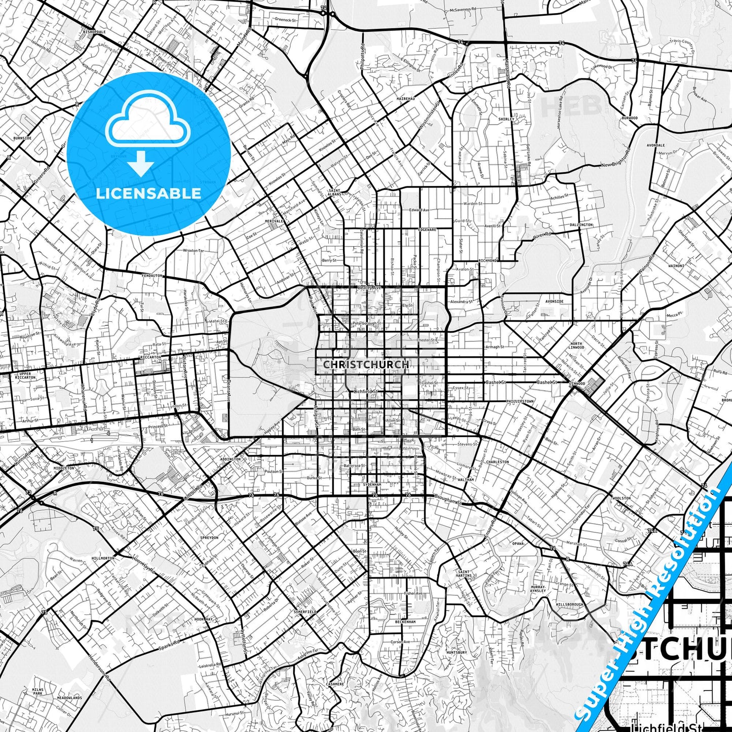 Christchurch, New Zealand Light Map with Street Names, City Names, and Districts