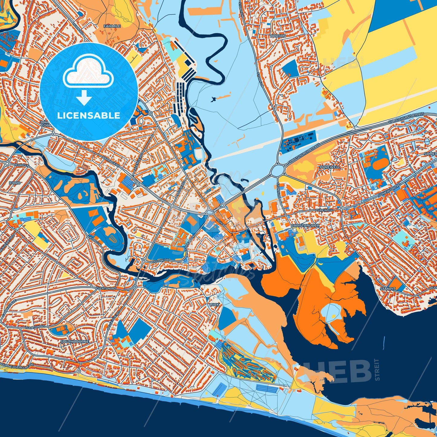 Colorful Christchurch Street Map with Labels and Buildings