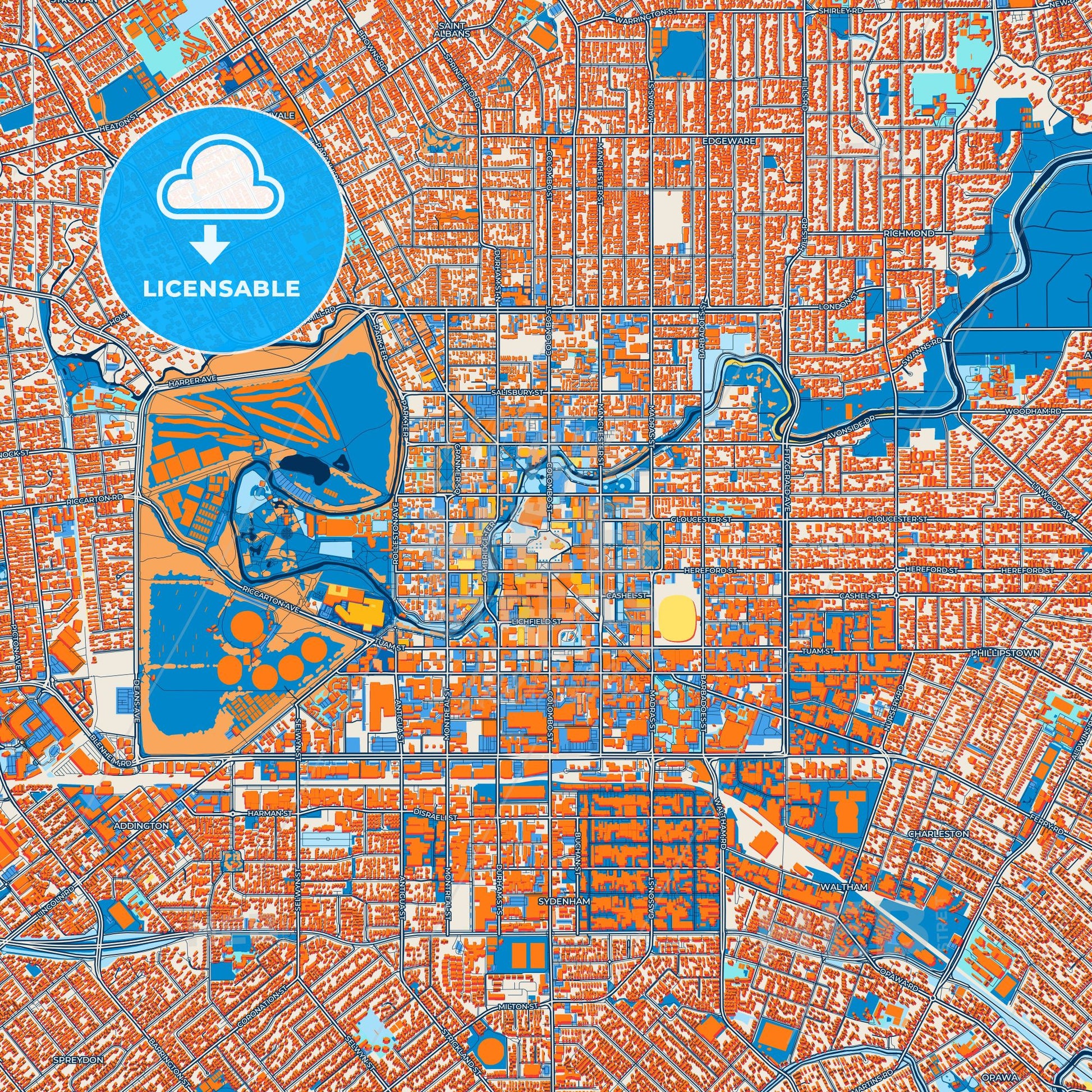 Colorful Christchurch Street Map with Labels and Buildings