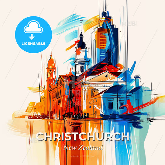 Vibrant Christchurch, New Zealand - A Painting Of A Building With Towers And Buildings In The Background - Square format print template