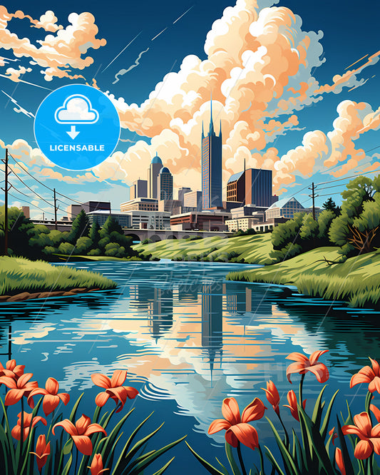 Vibrant Cityscape Painting: Christchurch Skyline with River and Flowers