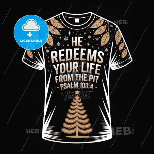 Christmas-inspired T-shirt with inspirational message and festive design featuring a tree and scripture reference.