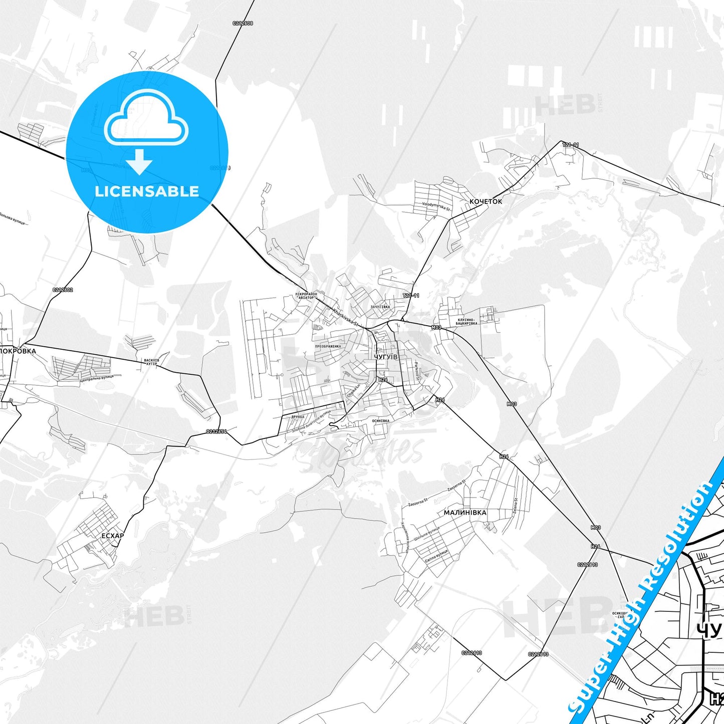 Chuhuiv, Ukraine light map with streetnames, citynames and districts