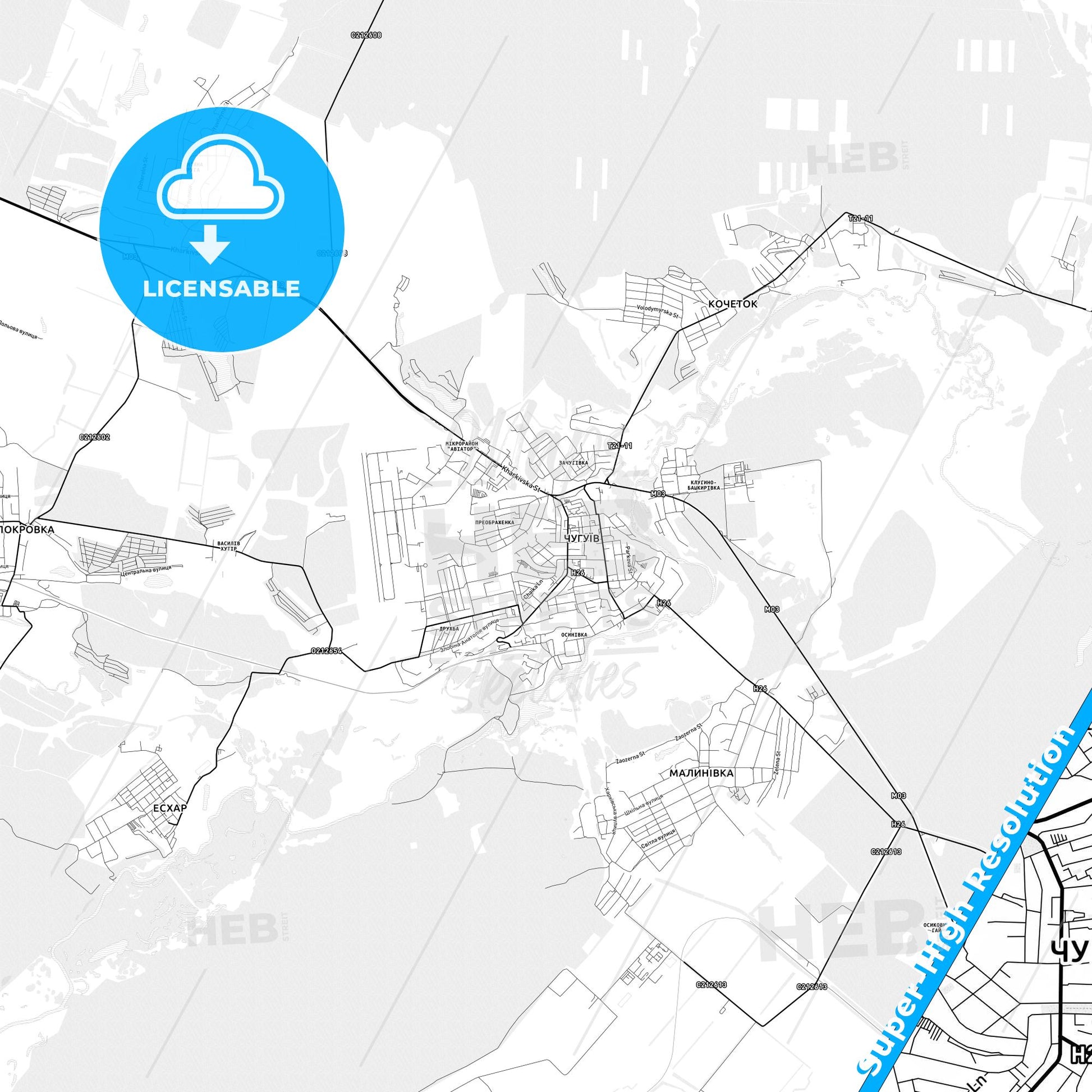 Chuhuiv, Ukraine light map with streetnames, citynames and districts