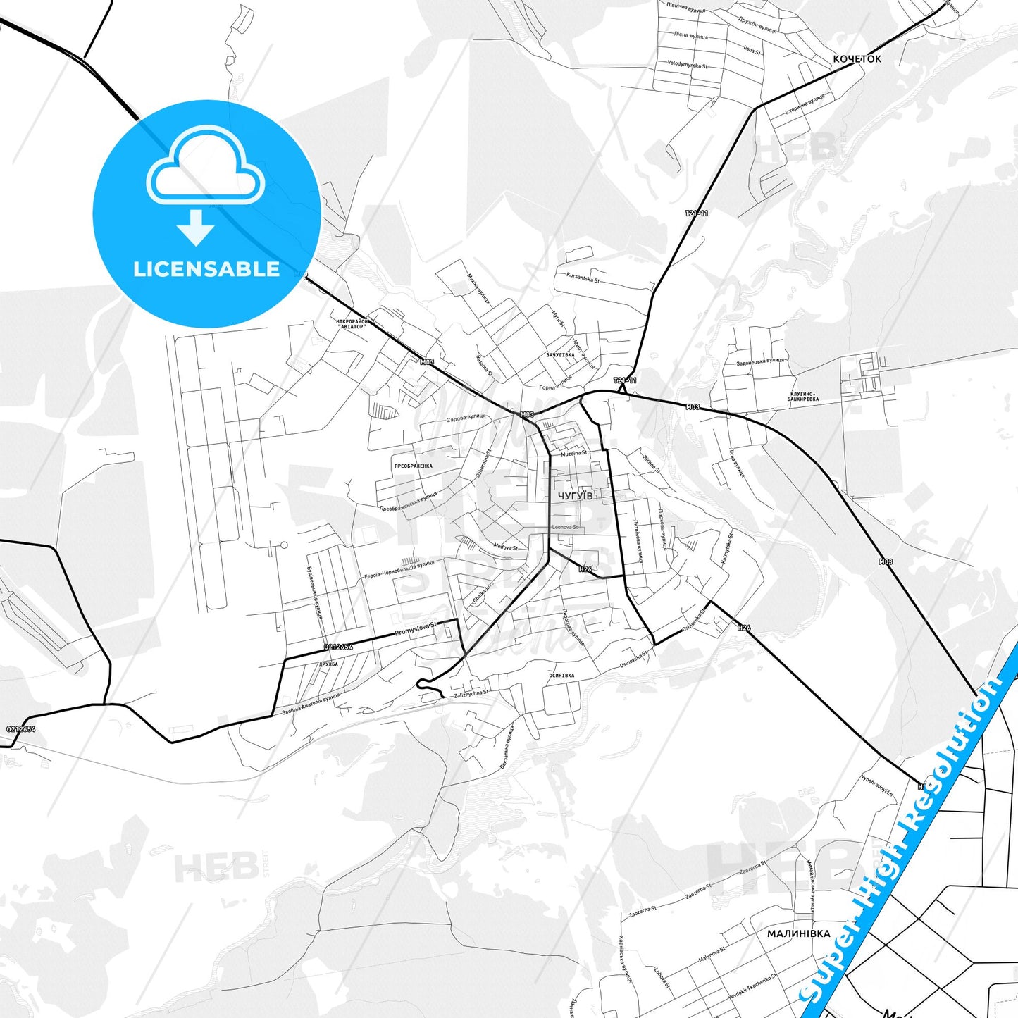 Chuhuiv, Ukraine Light Map with Street Names, City Names, and Districts