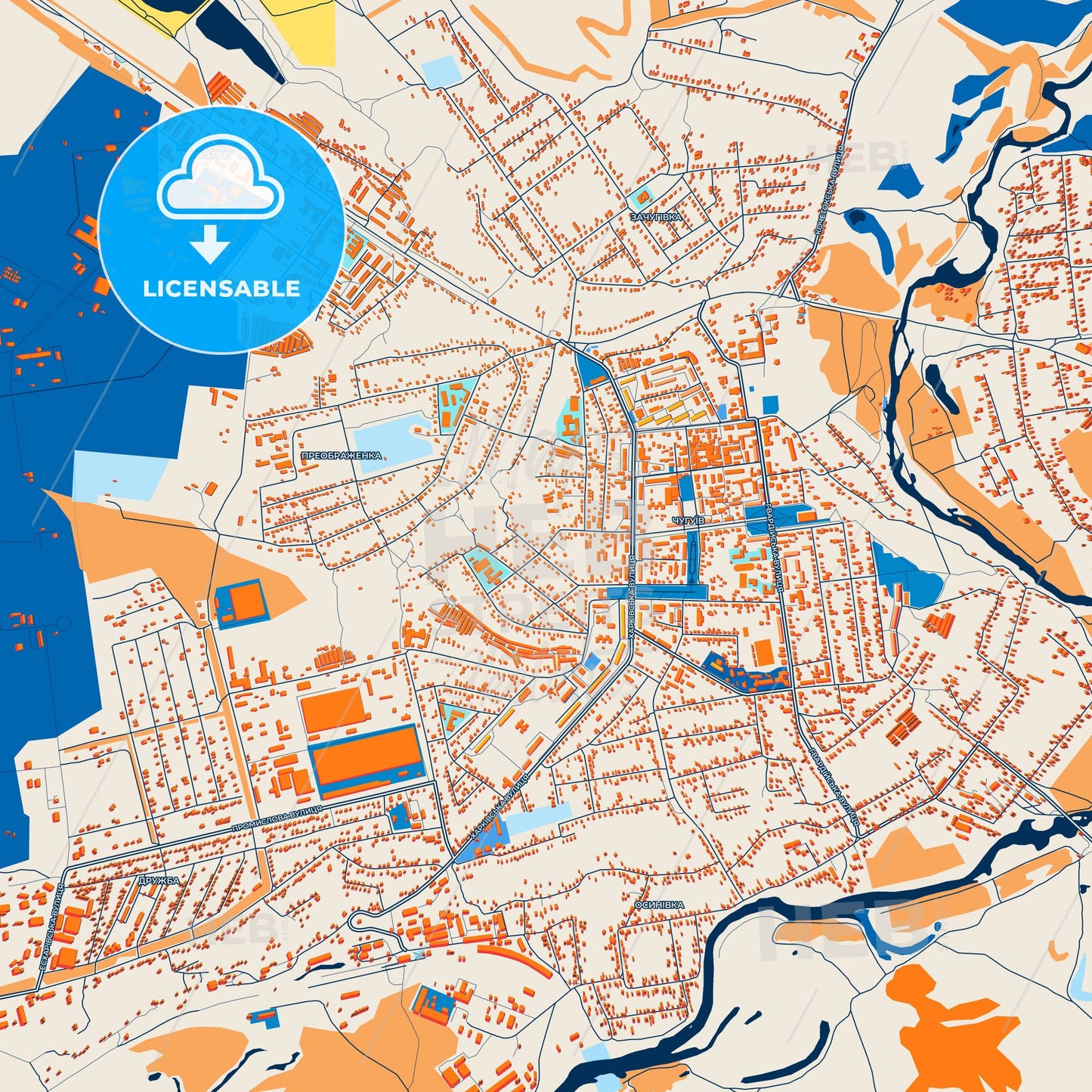 Colorful Chuhuiv Street Map with Labels and Buildings