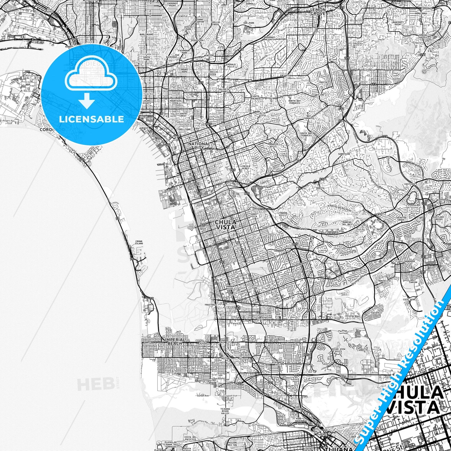 Chula Vista, California light map with streetnames, citynames and districts