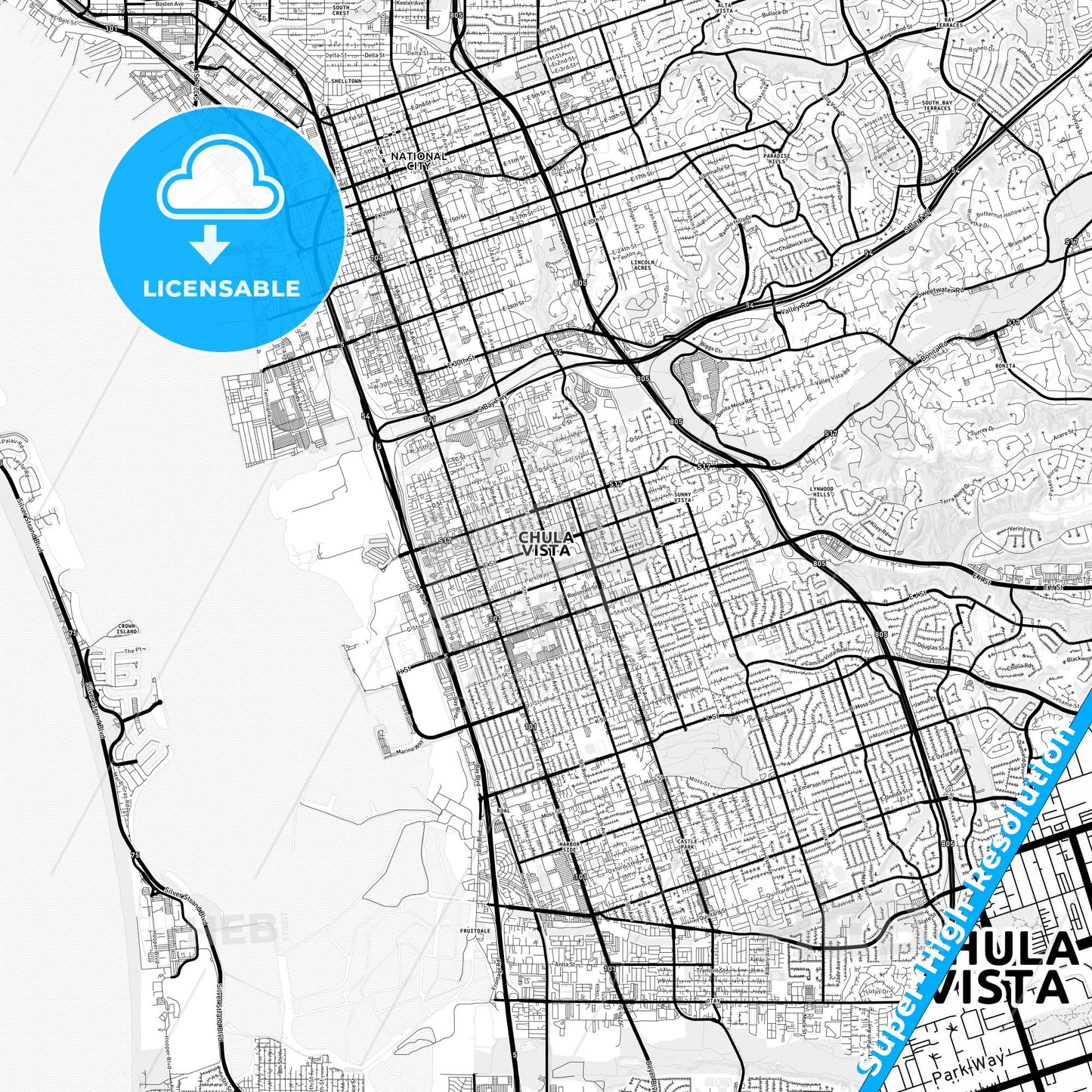 Chula Vista, California Light Map with Street Names, City Names, and Districts