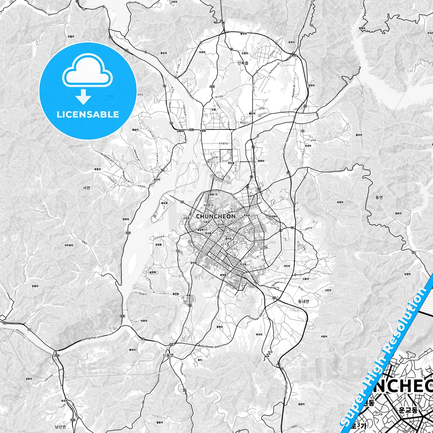Chuncheon, South Korea light map with streetnames, citynames and districts