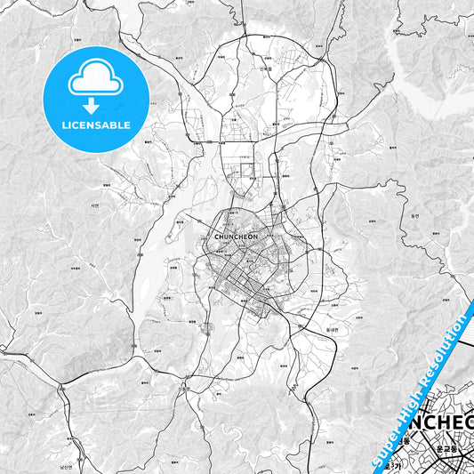 Chuncheon, South Korea light map with streetnames, citynames and districts