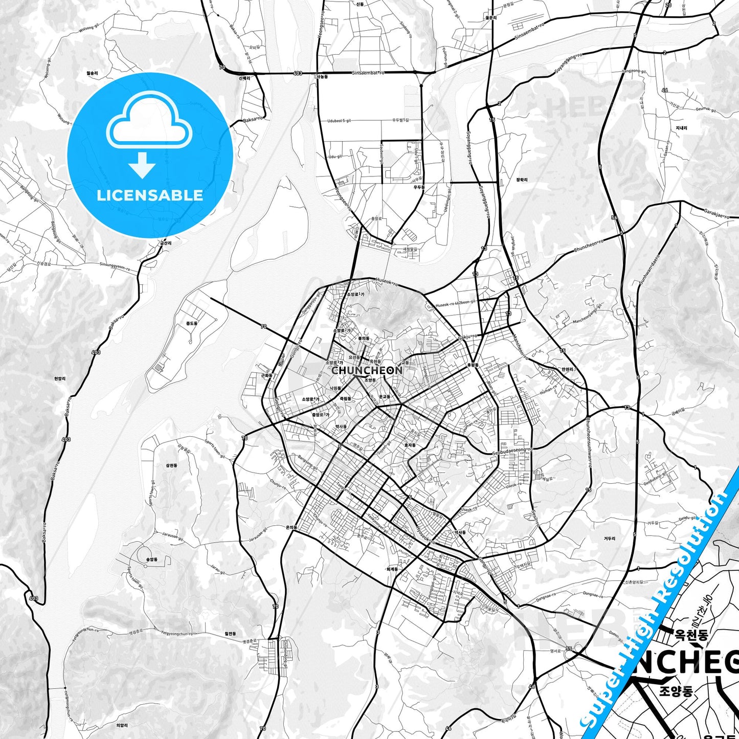 Chuncheon, South Korea Light Map with Street Names, City Names, and Districts