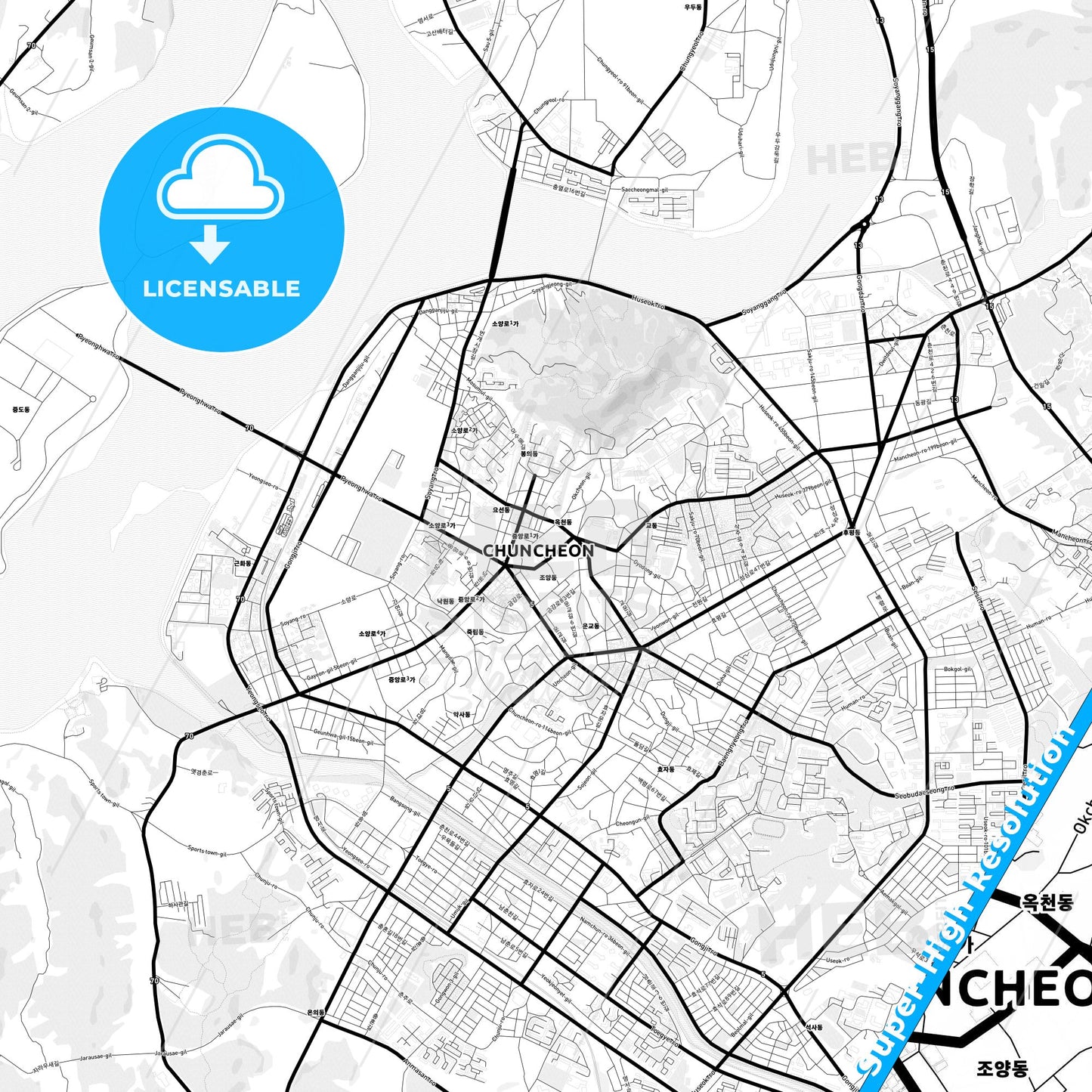 Chuncheon, South Korea Light Map with Street Names, City Names, and Districts