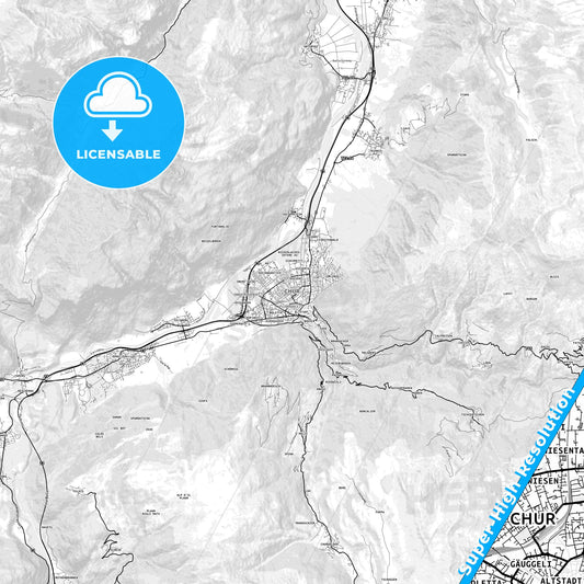 Chur, Switzerland light map with streetnames, citynames and districts