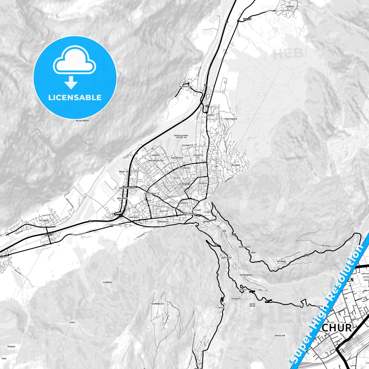 Chur, Switzerland Light Map with Street Names, City Names, and Districts